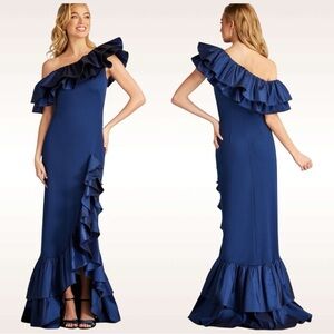 Tadashi Shoji Bala Ruffle Trim Crepe Off Shoulder One Shoulder Evening Maxi Gown